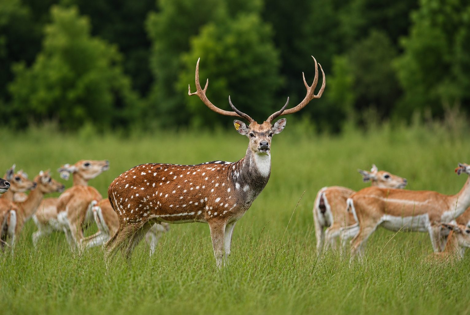 Spotted axis stag standing with the herd